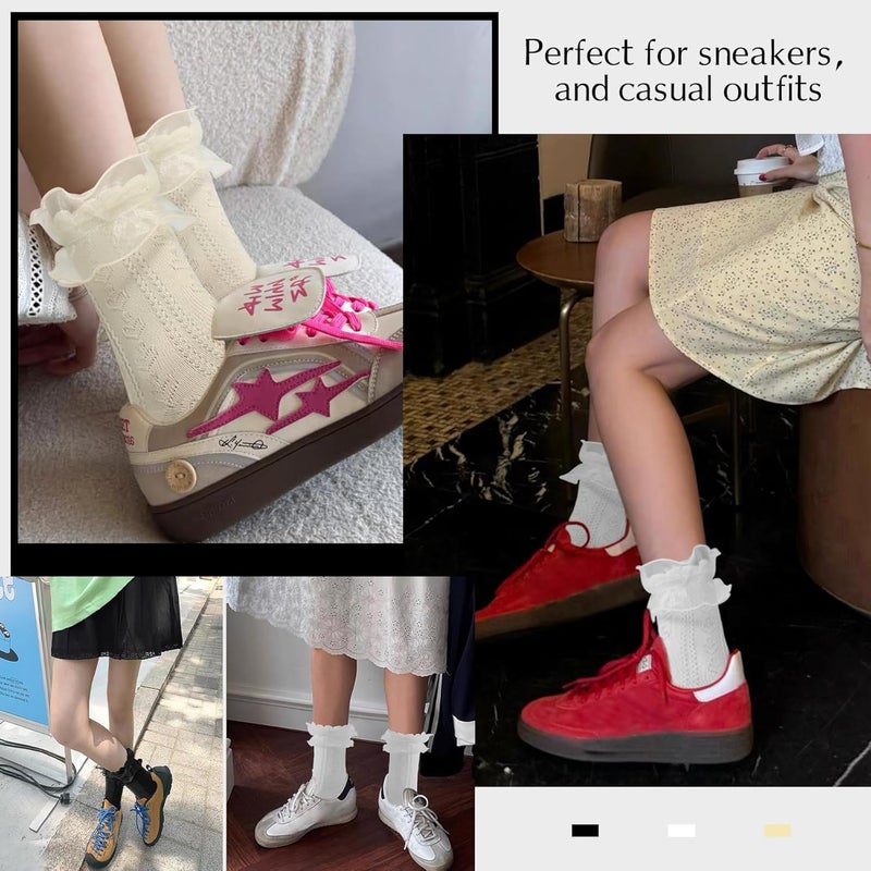 Zando Women's Ruffle Socks Lace Frilly Ankle Socks - Soft Stretchy Cute for Dress Shoes, Sneakers, Casual Outfits - Image 4